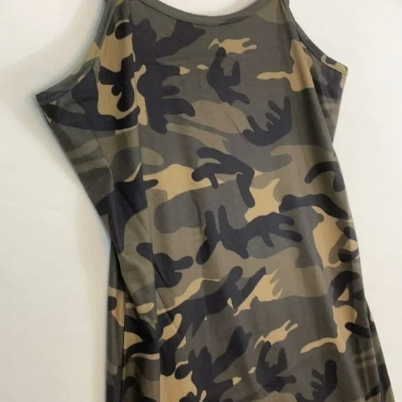 Lucky & Blessed Mini Dress, Spaghetti Straps, Green Tan & Black Camo, NWT Small - Picture 7 of 8